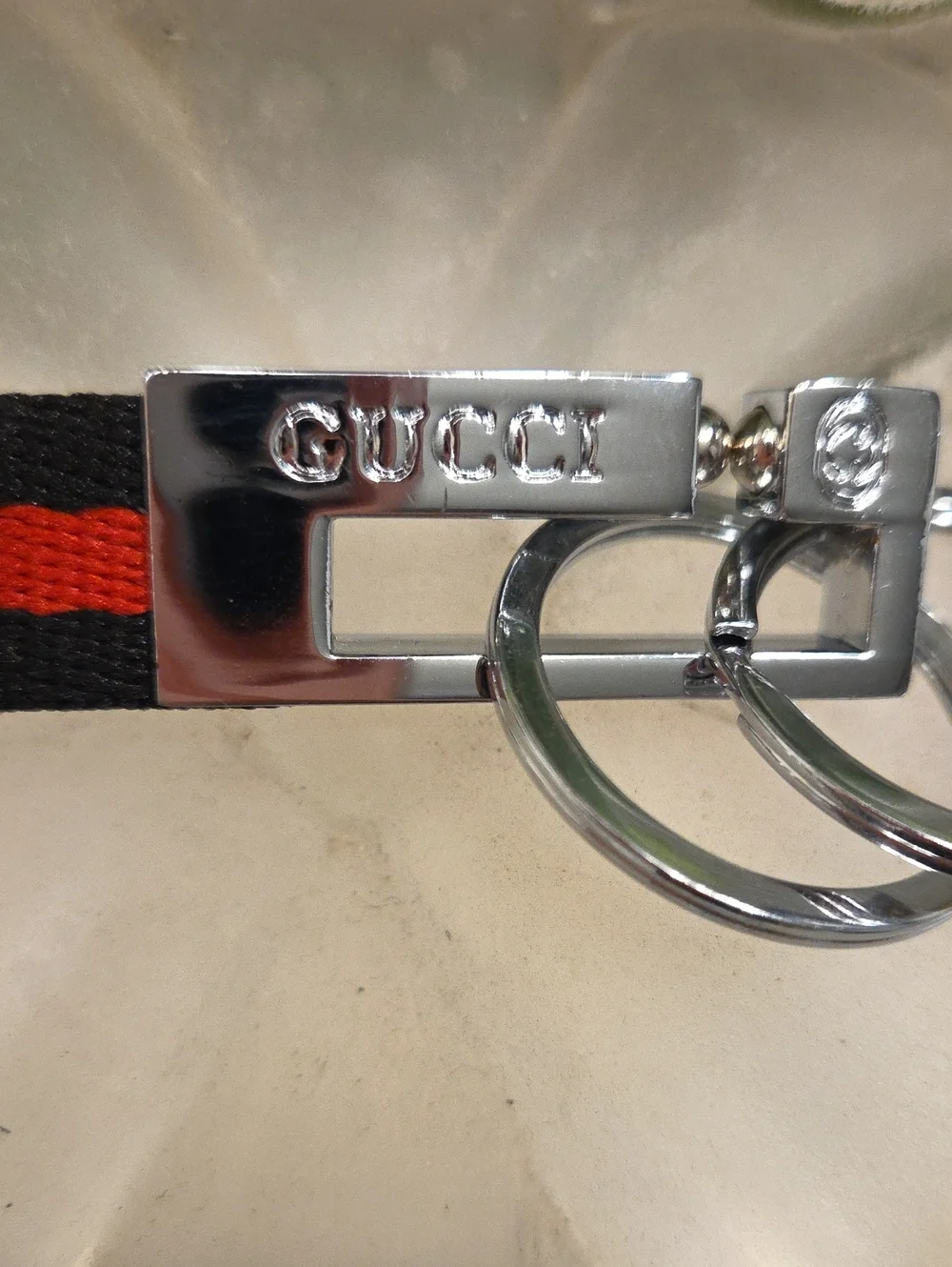 NWOT Gucci Black and Red Web Stripe Key Ring with Silver Hardware Full Inclusion